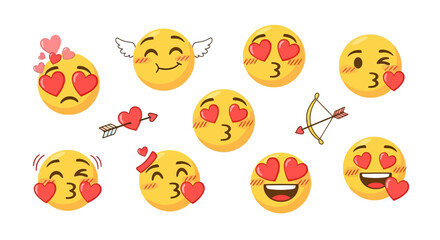 Naklejka premium Adorable Cartoon Valentine Emojis Hearts Kisses and Cupid s Bow Vector Set EPS10 Stock.eps