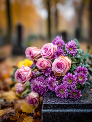 A bouquet of delicate pink roses and vibrant purple chrysanthemums resting on a polished stone surface amidst fallen autumn leaves and blurred trees in the backgroun
