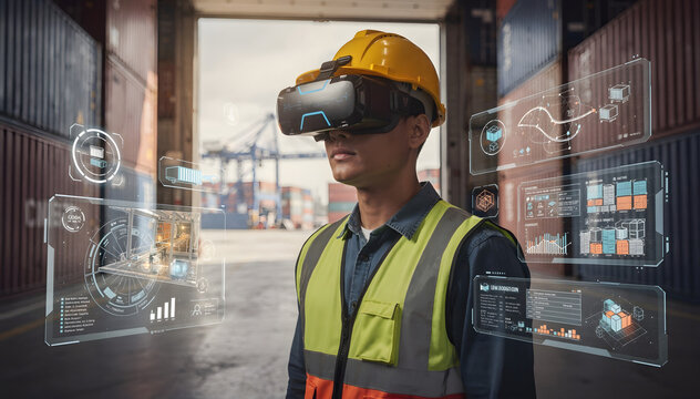 Augmented Reality Revolution: Dock Worker Navigating Logistics with Futuristic Tech for Efficiency, Enhanced Vision, and Streamlined Operations in Port Setting