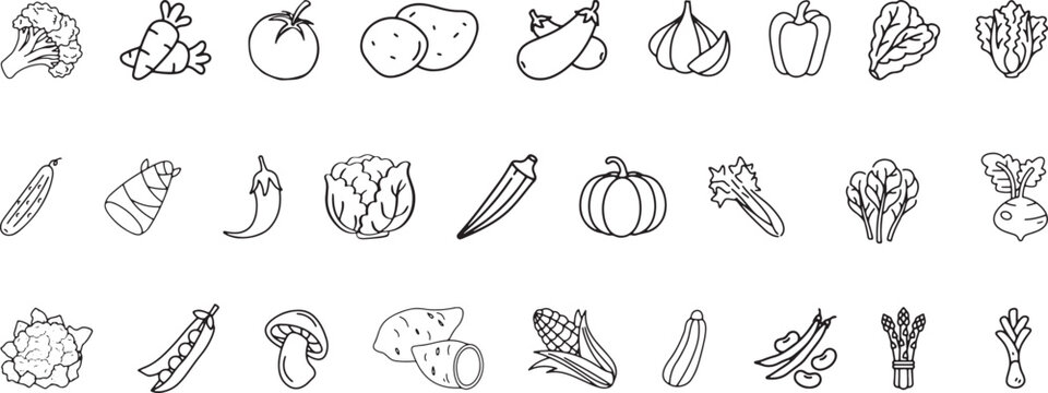 Vegetables line icon set. Healthy eating and cooking concepts. Vector illustration of broccoli, potato, onion, garlic, lettuce, spinach, pepper, cucumber, pumpkin, turnip, celery, cabbage, mushroom