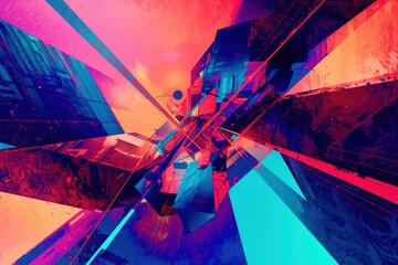 A colorful abstract painting of a cityscape with buildings and a sky