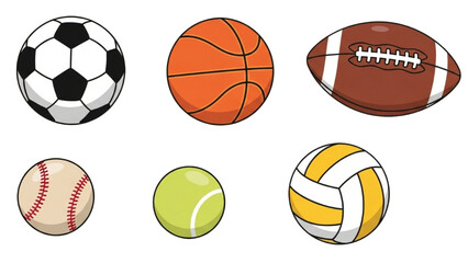 Obraz premium A collection of sports balls including soccer, basketball, and tennis displayed together overhead view
