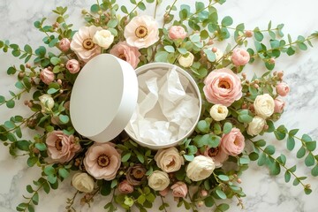 A white box with a floral design sits on a table
