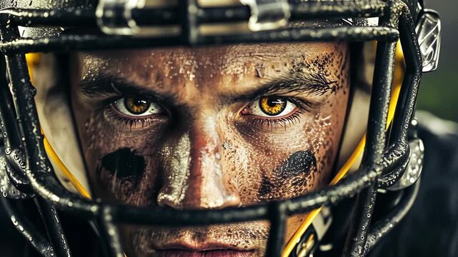 American football athlete in a helmet covered with mud focuses intensely, with sweat on his face in a close up, during a game in a stadium