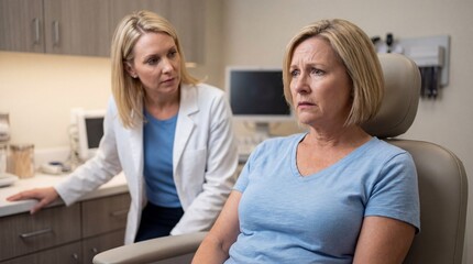 Fototapeta premium Middle aged woman sits in a medical chair with a concerned expression while a female doctor or nurse stands beside her in a clinical setting with beige walls and medical equipment