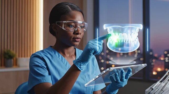 Female dentist examines a holographic teeth model. She uses a transparent tablet in a modern dental office. Future dentistry technology.