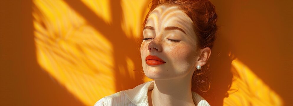 Close-up of a serene redhead woman with sunlit stripes on her face, orange background