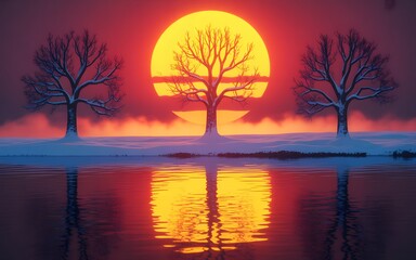 Fototapeta premium Three leafless trees covered in snow stand along a tranquil waterbody, reflecting their silhouettes