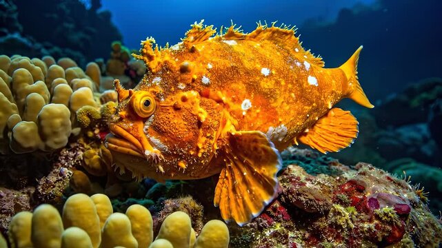 Amazing underwater view of a colorful scorpionfish near coral reef.