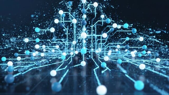 Blue glowing circuit lines and data particles forming a network structure are ideal for corporate technology and data science presentations.
