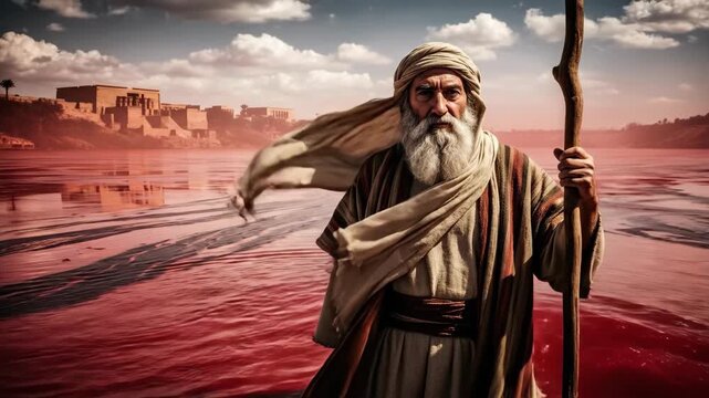 Old man Moses looking at the red river in Egypt. First plague of blood, concept for religious illustration and biblical story.