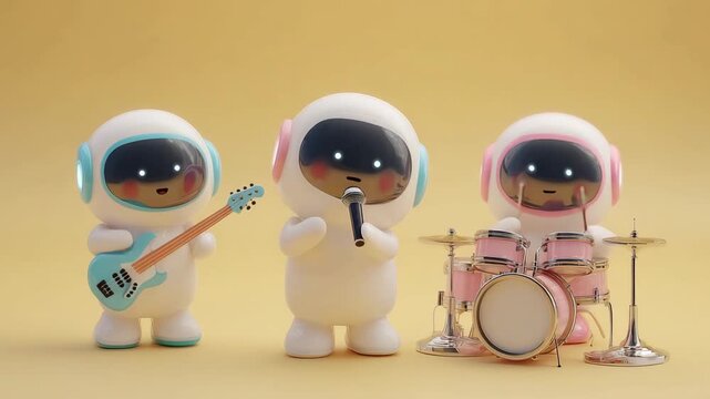 Three cute robots characters dressed in space suits play instruments on stage, creating music in a colorful yellow environment