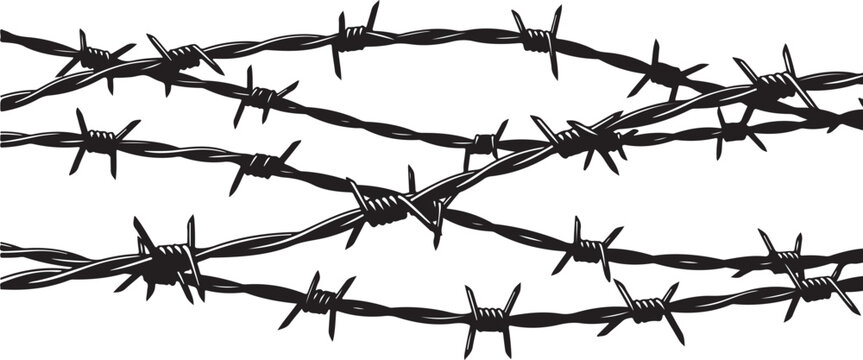 Black and white illustration of multiple strands of barbed wire crossing