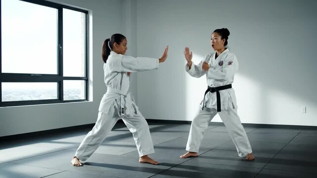 Two women practice self defense techniques in a bright studio. They demonstrate different moves while focusing on improving their skills and building confidence together