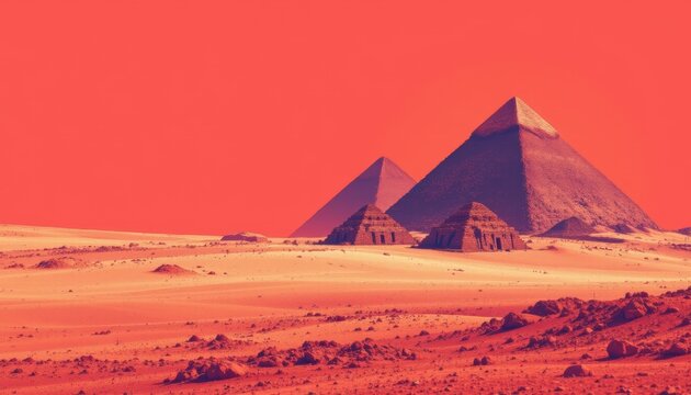 create a striking retro style artwork featuring the great pyramids of gyza isolated in vibrant coral tones