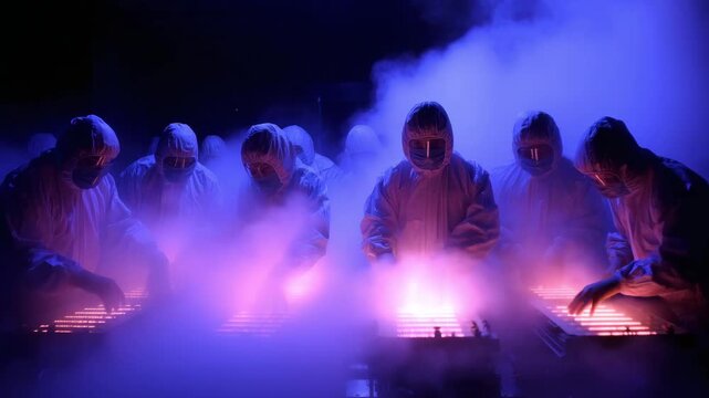 Scientists in protective suits conduct experiments with glowing materials surrounded by fog in a night laboratory setting