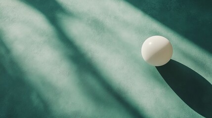 A white ping pong ball sits on a green table with dramatic shadows