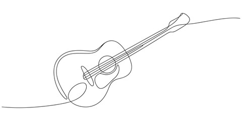 Fototapeta premium One line drawing of classic guitar with music notes tone design. Classical jazz music instrument. Vector illustration simple continuous outline style.