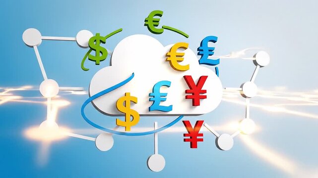 An animated digital economy icon with cloud and currency symbols, flat vector design, soft node pulse animation, slow floating camera movement, seamless loop