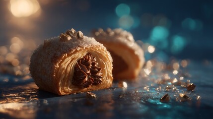Chocolate-Filled Puff Pastry with Powdered Sugar and Golden Flake