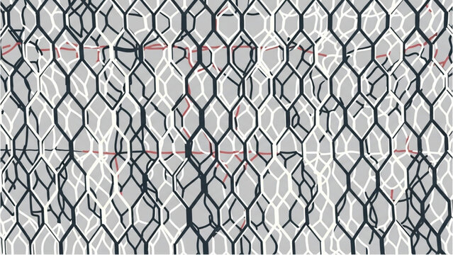 Metal wire mesh with intricate pattern and red accents viewed from a close-up perspective