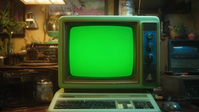 An old computer sits on a desk with a green screen in a cluttered room filled with vintage objects and plants