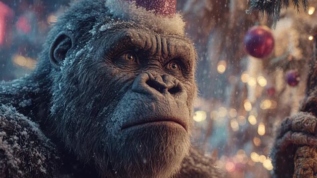 Close-up of an anthropomorphic primate in snowy setting, celebrating multiple holidays Surprised expression, detailed fur textures with snow hints Muted color palette, realistic style - AI-Generated
