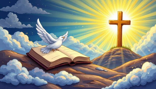 create a cheerful cartoon depiction of a divine scene featuring an open bible, dove, cross, and radiant beams of light symbolizing enlightenment and faith