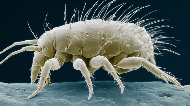 A microscopic dust mite insect is observed in a lab setting showcasing its physical features and intricate details under high magnification