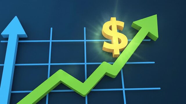 An animated revenue growth icon with upward line and currency symbol, subtle glow animation, flat vector style, slow micro zoom camera movement.