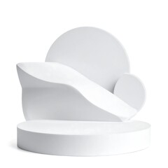 A white 3D abstract sculpture with curved shapes and a circular base