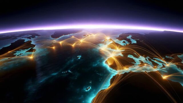 A Stunning Visualization of Global Connectivity Represented by Bright Lines Depicting Data Flow Across the World, Showcasing an Electrifying Network of Information 