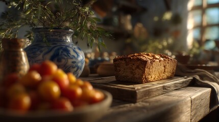 Freshly Baked Bread with Cherry Tomatoes in Sunlit Rustic Kitchen