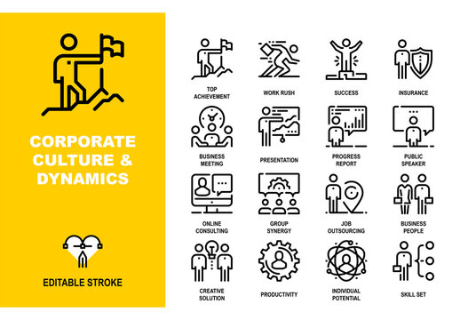Vector set of corporate culture and dynamics line icons. Pixel perfect 48X48 size grid with adjustable strokes. Professional symbols for business teamwork, productivity and personal growth