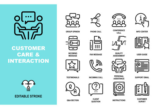 Vector set of customer care and interaction line icons. Pixel perfect 48X48 size grid with adjustable strokes. Professional symbols for client support, communication and feedback services
