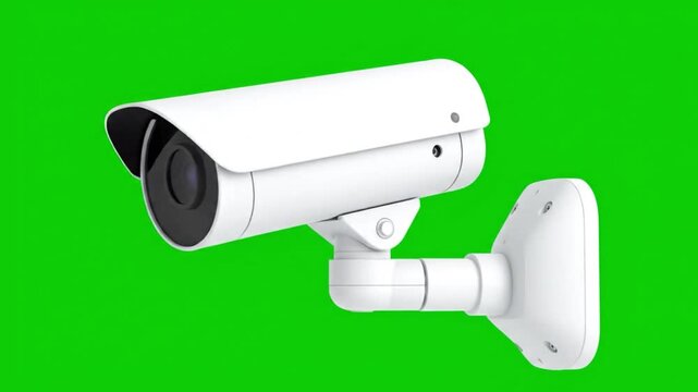 White cylindrical security surveillance camera with protective hood mounted on a wall bracket against a vivid bright green background, designed for outdoor monitoring and recording