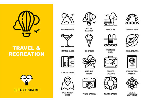 Vector set of travel and recreation line icons. Pixel perfect 48X48 size grid with adjustable strokes. Professional symbols for world tourism, summer vacation and outdoor activities
