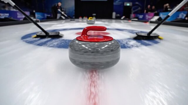 A curling stone with a red handle sits on a white ice surface with two brooms on either side, surrounded by people in the background
