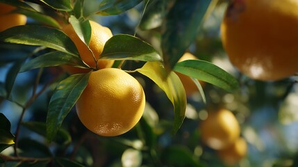 Ripe Oranges on Tree with Sunlight and Green Leaves