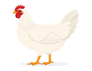A white cartoon chicken with a red comb and orange legs