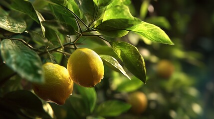 Ripe Yellow Lemons with Water Droplets on Tree