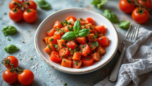 subject: salsa di pomodoro fresca in ciotola bianca con foglie di basilico, keywords: salsa, pomodoro, fresco, ciotola, bianca, basilico, aqua tones, dappled light, photo use, copy space.