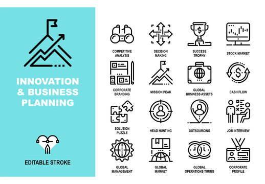 Vector set of innovation and business planning line icons. Pixel perfect 48X48 size grid with adjustable strokes. Professional symbols for corporate strategy, investment and global management