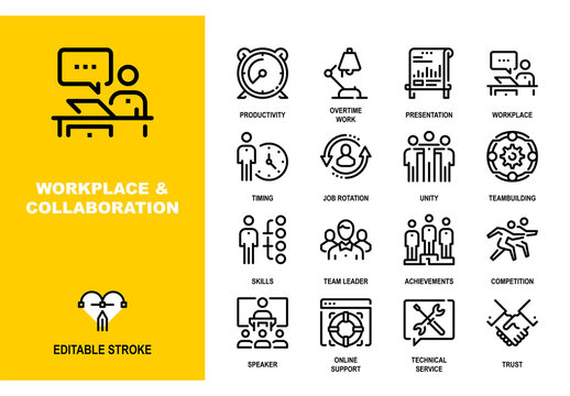 Vector set of workplace and collaboration line icons. Pixel perfect 48X48 size grid with adjustable strokes. Professional symbols for team building, productivity and office management