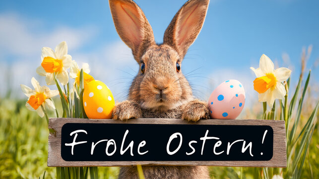 Frohe Ostern Gru&szlig;karte, Karte mit deutschem Text - Osterhase Hase Kaninchen mit Holzschild Tafel auf Wiese mit Osterglocken Narzissen