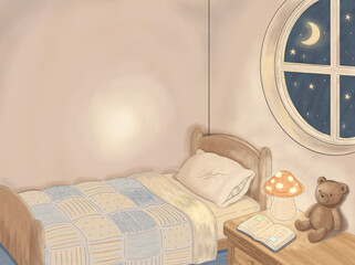 Cozy Children Bedroom Night Illustration with Teddy Bear