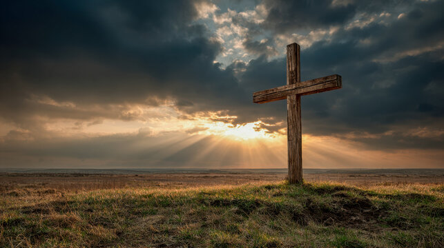 Weathered wooden cross standing on a grassy hill with dramatic sun rays breaking through dark clouds over a vast open landscape at sunrise or sunset