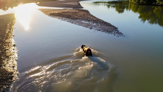 Dog Enjoys a Refreshing Swim in the Calm River Water.
