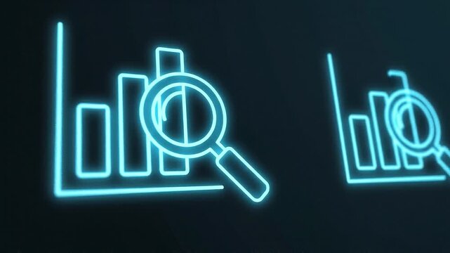 A minimalist financial analysis icon with chart and magnifying glass, smooth line animation, gentle glow, slow left-to-right camera pan, flat vector design, loopable