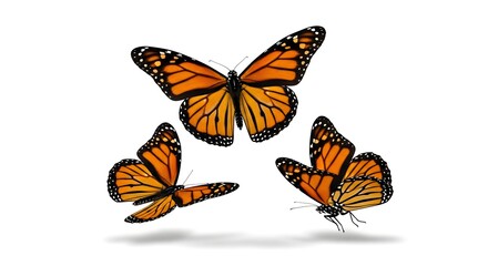 Naklejka premium Group of three monarch butterflies flying together, vivid orange tones, isolated on a white background